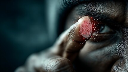 A close-up of a man's eye with a red fingerprint on his finger, set against a dark background.