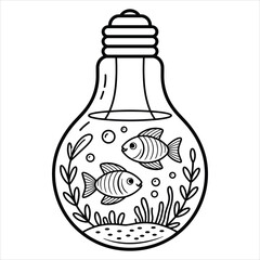 Fish Aquarium in Light Bulb Vector Illustration. Creative Underwater Drawing for Coloring Book.
