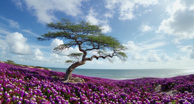 Stunning Coastal Scene Lone Tree in Vibrant Purple Wildflower Meadow - Powered by Adobe