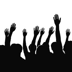 Vector illustration of silhouette of a crowd with hands raised isolated on white background
