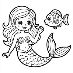 Cute Mermaid Coloring Page. Underwater Princess and Fish Vector Illustration.