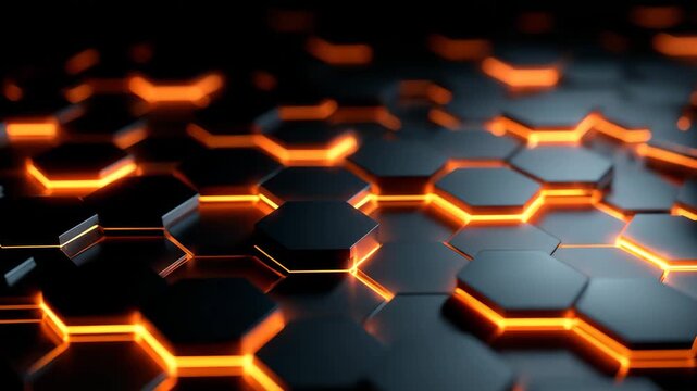 Dynamic glowing orange hexagon pattern on futuristic abstract technology background
