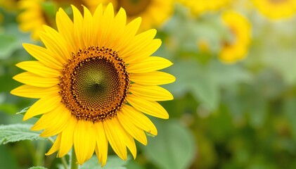 Obraz premium A vibrant sunflower stands tall amidst lush green leaves, its bright yellow petals radiating warmth and cheer, creating a striking contrast with the foliage.