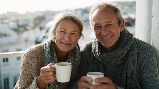 British elder couple in their 60's smiling while sitting on balcony with coffee