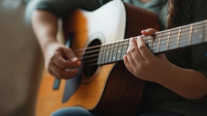 Obraz premium Close-up of hands playing acoustic guitar