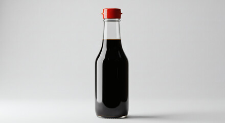Soy sauce bottle mockup with a red cap isolated on a grey background for food branding and product design presentation