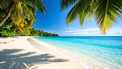 Idyllic tropical beach scene with palm trees, white sand, and turquoise water (1)
