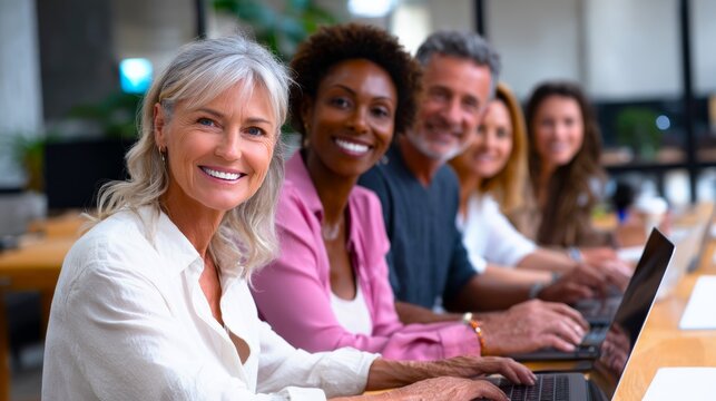 A diverse group of people is working together on their laptops, sitting at a wooden table and smiling.