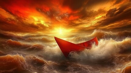 Red boat navigates stormy sea under fiery sky symbolizing resilience and hope