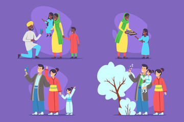 Fototapeta premium Diverse family engaged in joyful activities together, including sharing gifts and participating in traditions. Children playing and adults capturing joyful moments