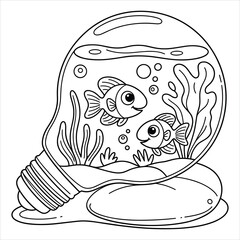 Goldfish Coloring Page. Cute Cartoon Fish in Light Bulb Aquarium Vector Illustration.