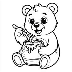Cute Bear Coloring Page. Cartoon Teddy Bear Eating Honey Vector Illustration.