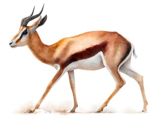 Fototapeta premium Watercolor painting depicts a graceful Spbok antelope walking on a sandy surface against white backdrop.
