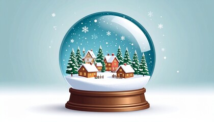 Classic snow globe showcasing a delightful miniature winter village with snow-covered houses and pine trees on a light blue background, a magical Christmas decoration.