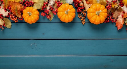 Autumn Harvest Pumpkins, Berries Fall Leaves on Rustic Wood Background