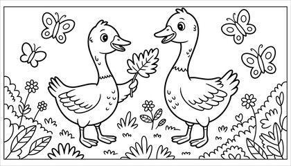 Cute Ducks Coloring Page. Cartoon Farm Birds with Butterflies Vector Illustration.