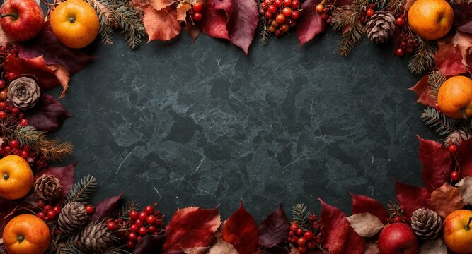 Autumnal Frame Dark Background with Apples, Berries, Leaves Pinecones for Fall Designs