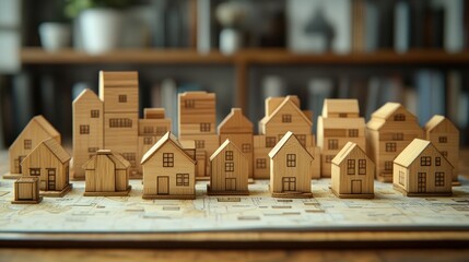 Miniature wooden city model on a map