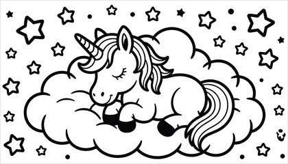 Cute Unicorn Coloring Page. Sleeping Fantasy Horse on Cloud Vector.
