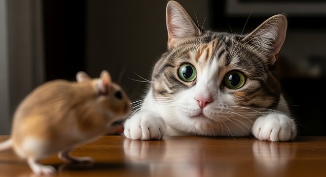 Cat and Mouse A Hilarious Photo of a Curious Feline and its Tiny Prey