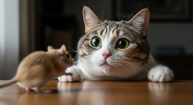 Cat Staring at Mouse Hilarious Pet Photo Stock Image