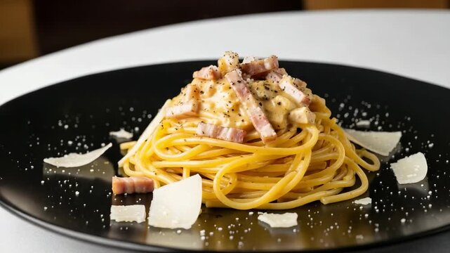 Delicious Spaghetti Carbonara with bacon and parmesan cheese on a black plate. Classic Italian pasta dish, gourmet food presentation.