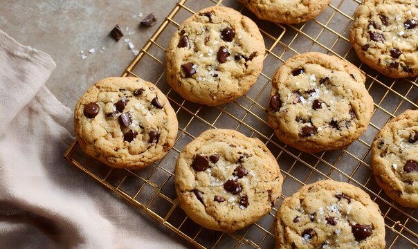 freshly baked chewy chocolate chip cookies cooling on a gold wire rack centered, cookies dotted with melted dark chocolate chips and sprinkled with flaky sea salt