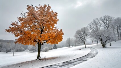 Fototapeta premium Autumn tree with vibrant orange leaves covered in fresh snow beside a winding path