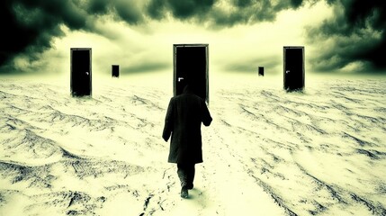 Surreal exploration a solitary journey toward enigmatic doorways and uncertain future