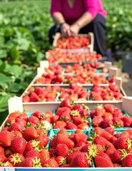 A woman in a sun hat and casual attire bends down to pick ripe, red strawberries in a lush green field, surrounded by rows of vibrant plants.