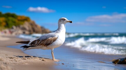 A seagull stands gracefully on a sandy beach, near the ocean, basking in the sunlight. The coastal scenery is highlighted with waves