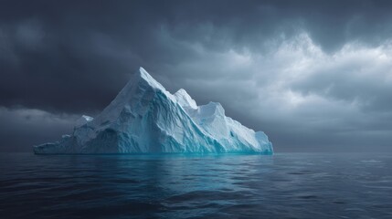 Solitary iceberg under dark cloudy sky