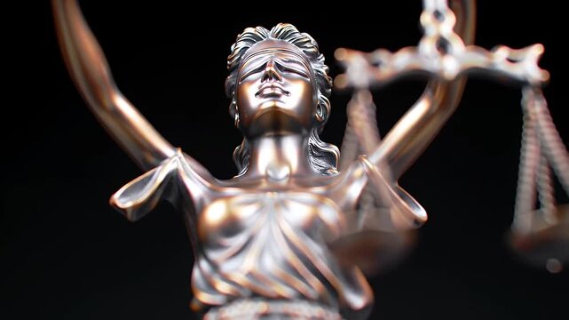 Bronze Lady Justice Statue with Scales and Blindfold on a Black Background Representing Law and Legal Symbolism