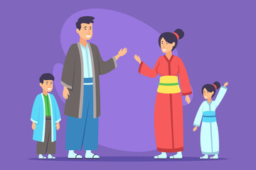 Family gathered together wearing colorful traditional clothing. People smiling and greeting each other in joyful atmosphere. Cultural heritage and celebration concept