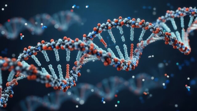 Dynamic 3D DNA Double Helix Model with Vivid Molecular Bonds and Abstract Particles on Dark Blue