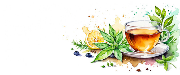 Glass cup of golden herbal tea illustration. Fresh herbs and lemon with tea watercolor. Minimal herbal tea illustration with text space. blank copyspace for text.
