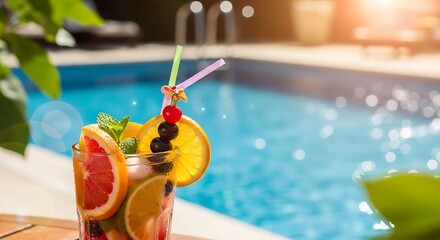Refreshing citrus cocktail garnished with fruit poolside for a luxurious summer vacation escape