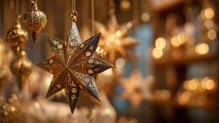 Magical gold star ornament, festive christmas hanging decoration for holiday celebration with bokeh - Powered by Adobe