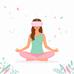 Woman with long brown hair in a yoga lotus pose, meditating with a pink virtual reality headset.