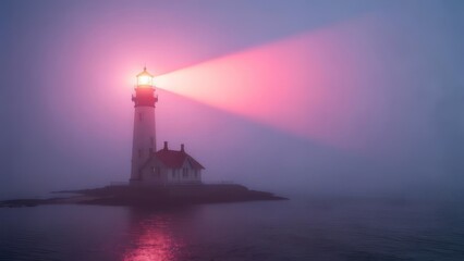 Fototapeta premium Ethereal Lighthouse Casts a Luminous Pink Beam Through Twilight Fog