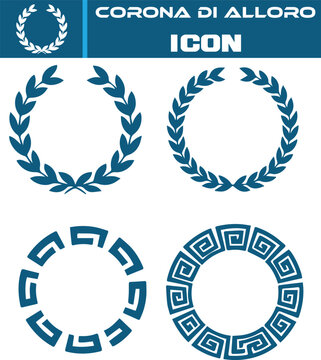 Corona di alloro icon set isolated on white background featuring laurel wreath and geometric circle frames for decorative design elements and award symbols