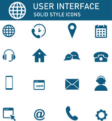 User interface solid style icons featuring globe, time, location, and calendar elements, ideal for illustrating website design, mobile applications, and online services