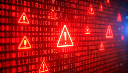 Digital Alert: A visual representation of a system breach, featuring a red-hued binary code with numerous illuminated warning signs.