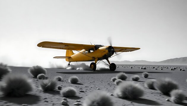 A vibrant yellow airplane takes off on a desolate, monochrome landscape dusted with sparse, dry vegetation.