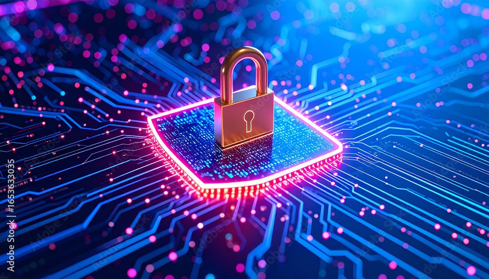 Poster cybersecurity fortress: a captivating close-up of a glowing padlock resting atop a circuit board, sy