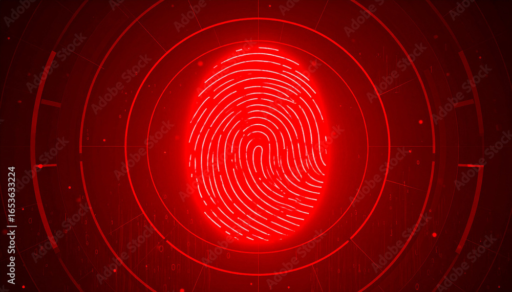 Poster digital fingerprint security: a close-up shot reveals the intricate patterns of a fingerprint, illum
