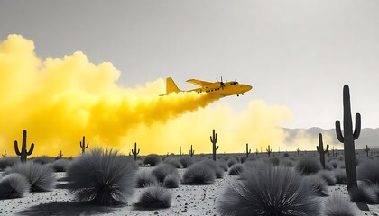 Crop duster airplane releasing yellow dust flies over a monochromatic arid desert landscape filled with cacti