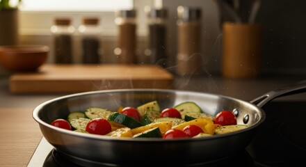 A vibrant mix of saut?ed zucchini, bell peppers, and cherry tomatoes in a stainless steel pan, with a cozy kitchen backdrop showcasing spices and wooden utensils