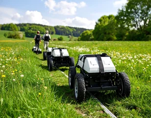 Fototapete Fahrzeug Autonomous vehicles traversing a grassy field  © gelas