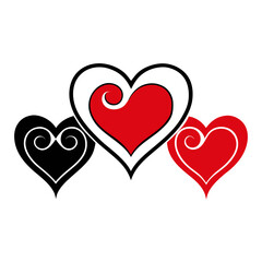 heart set,  red hearts, black heart, line art heart, silhouette heart